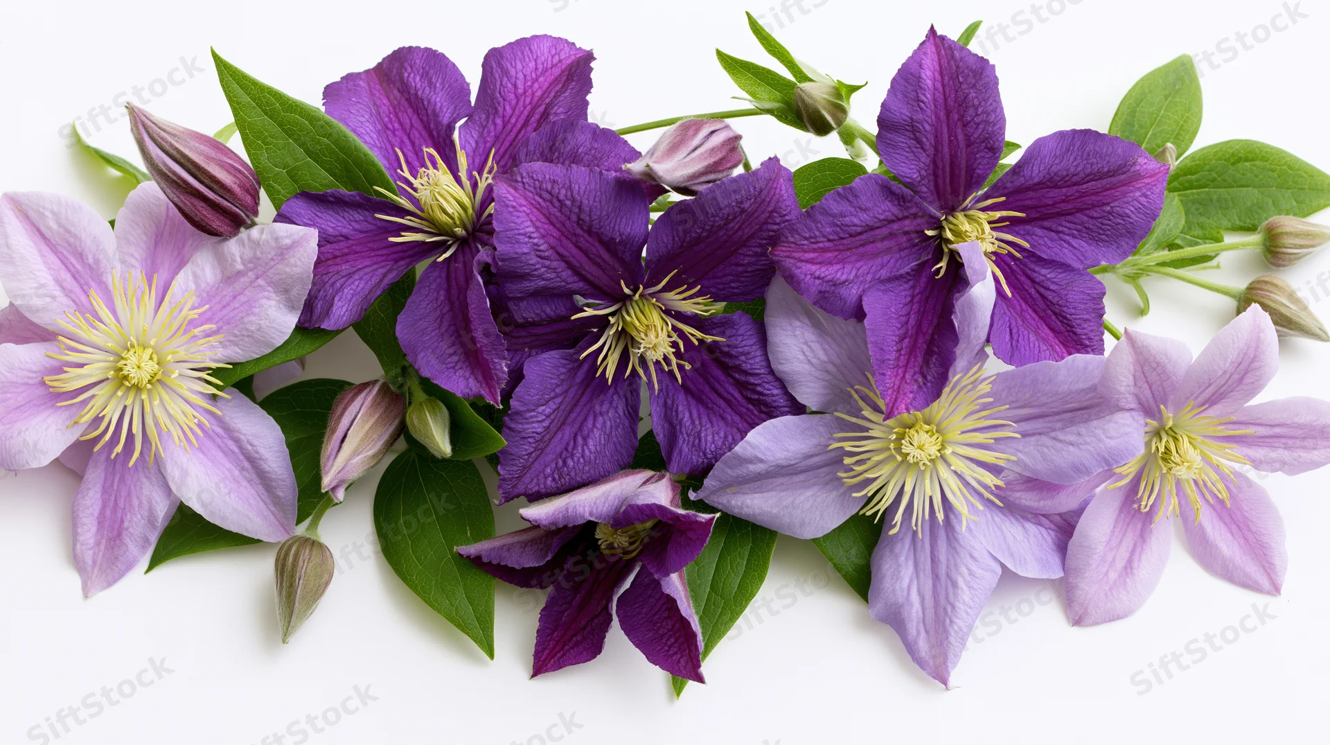 Horizontal spray of purple and lavender clematis flowers with green leaves on white background