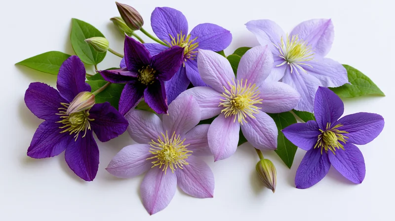 Cluster of clematis flowers arranged in horizontal spray with green leaves and buds on white background