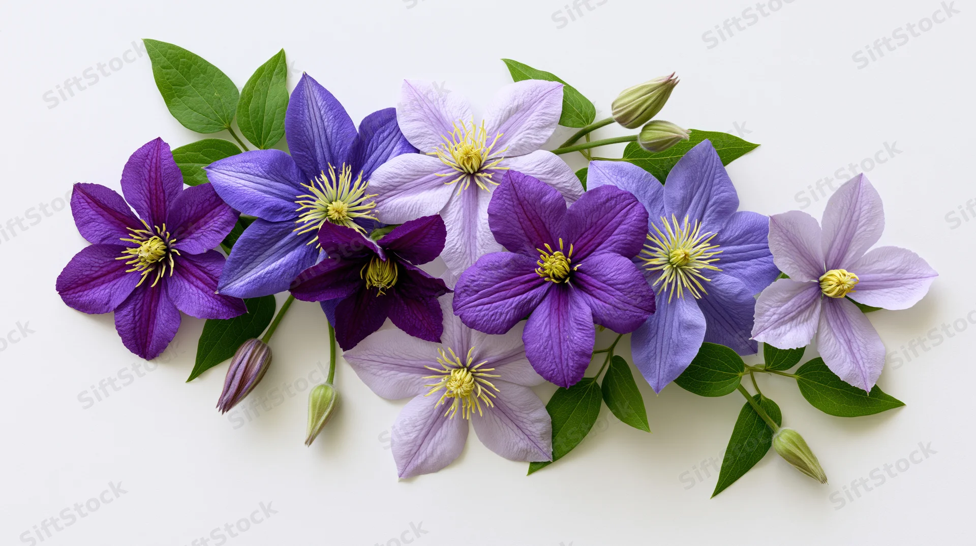 Horizontal spray of purple and lavender clematis flowers with green leaves on white background