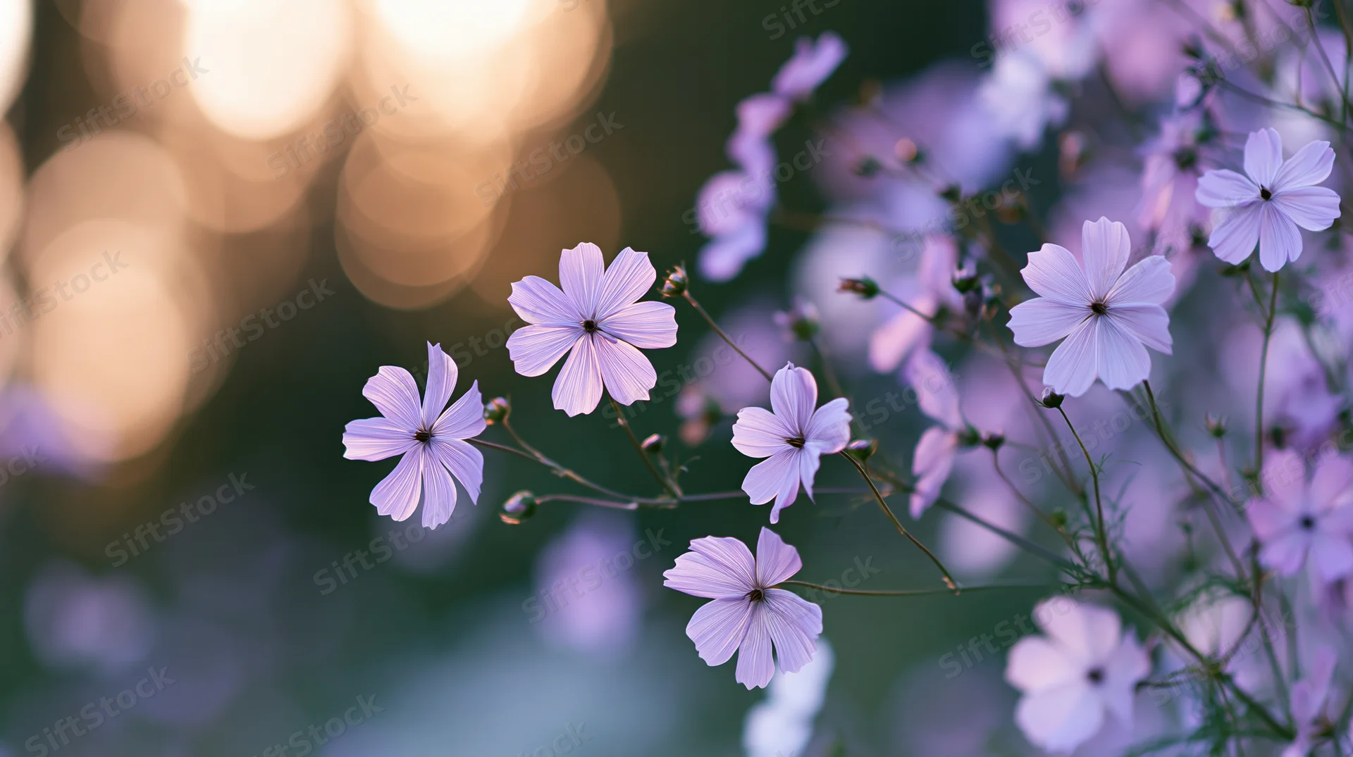 Delicate lavender wildflowers blooming on thin stems in a soft natural setting with blurred background light