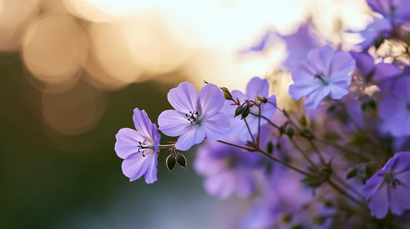 Delicate lavender wildflowers blooming on thin stems against a soft blurred background with warm sunlight