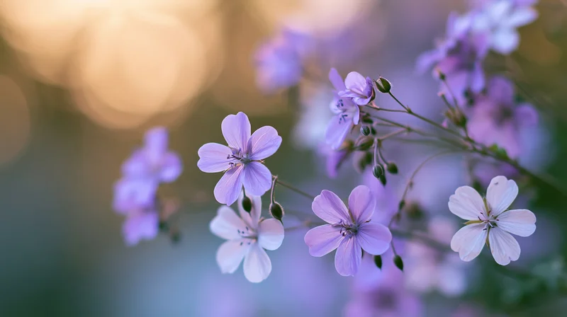 Delicate lavender wildflowers blooming on thin stems in a soft-focus natural setting