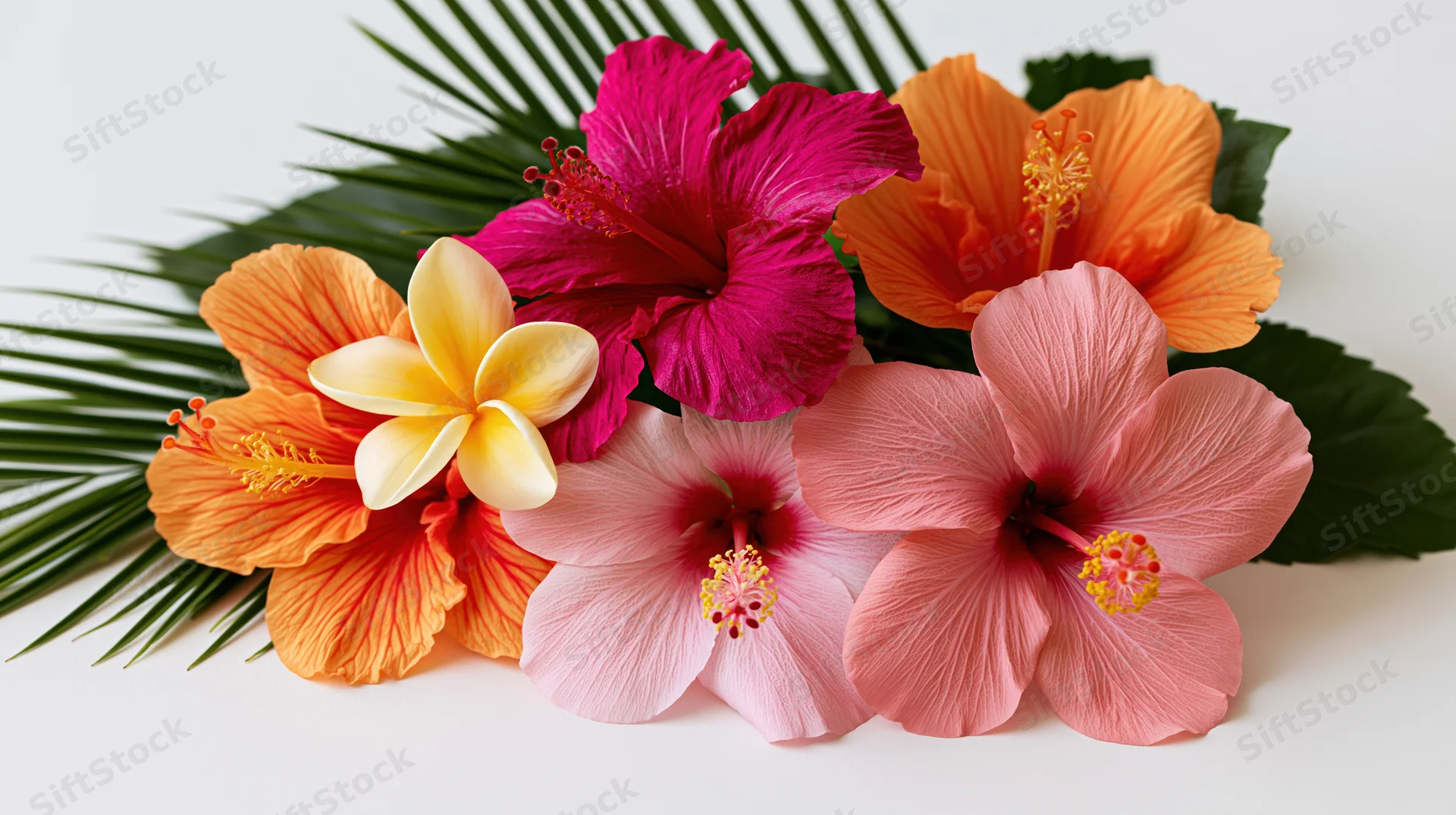 Cluster of tropical flowers including hibiscus and frangipani with palm leaves on white background