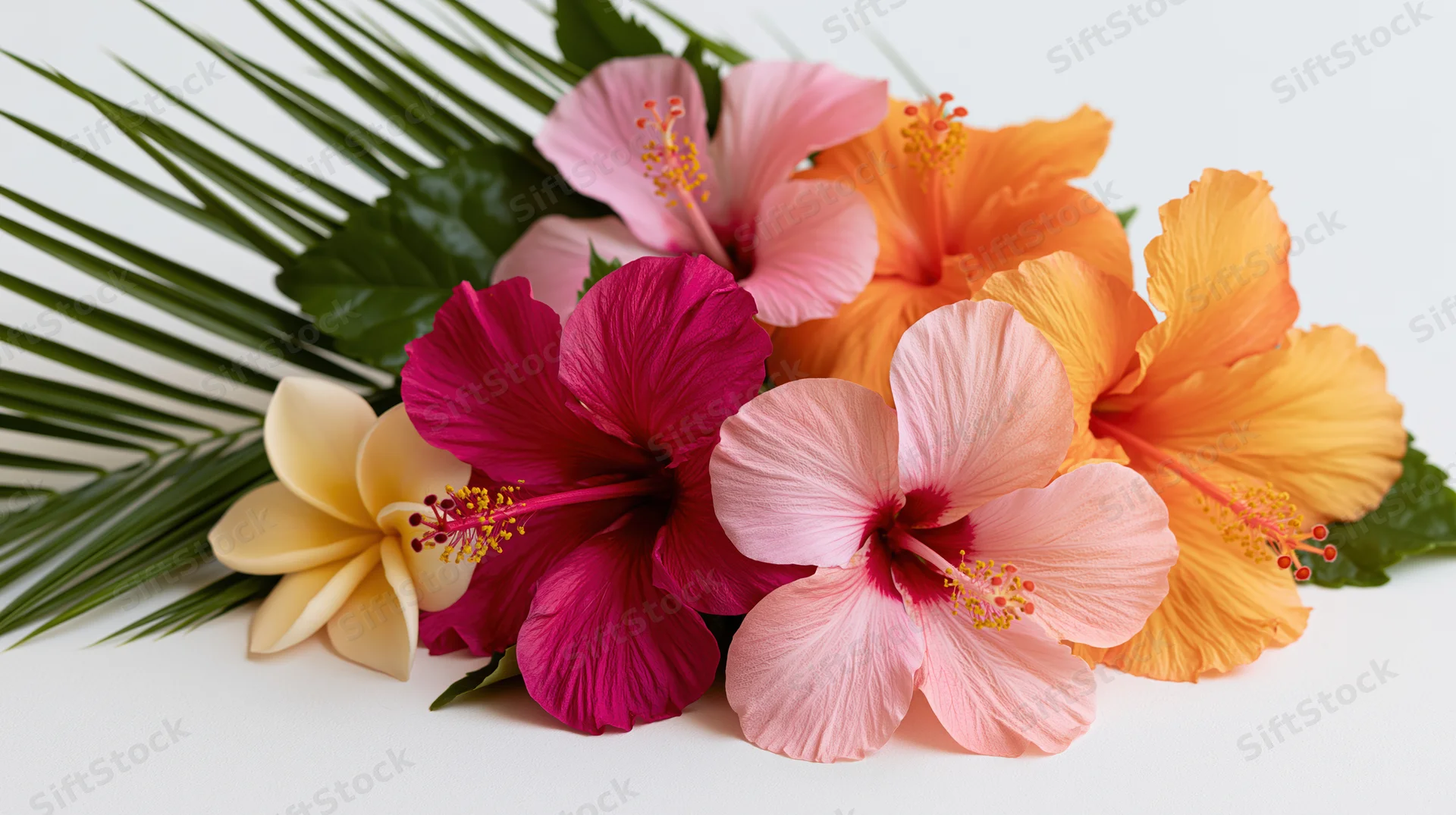Cluster of colorful hibiscus and tropical flowers with palm fronds on white background