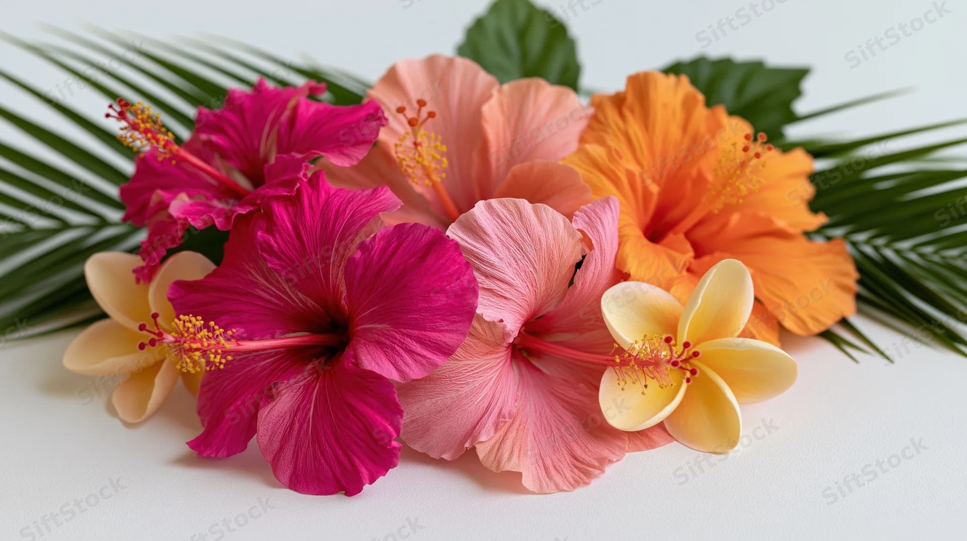 Cluster of colorful hibiscus and palm leaves arranged on white surface