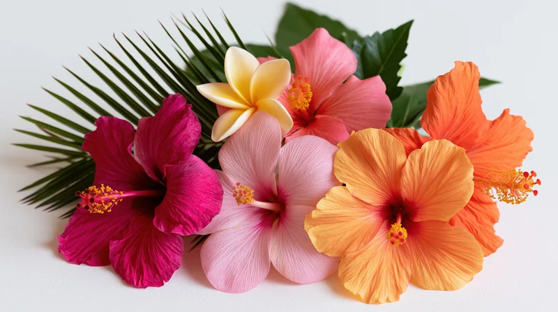 Cluster of colorful tropical flowers including hibiscus and frangipani with palm leaves arranged on white surface