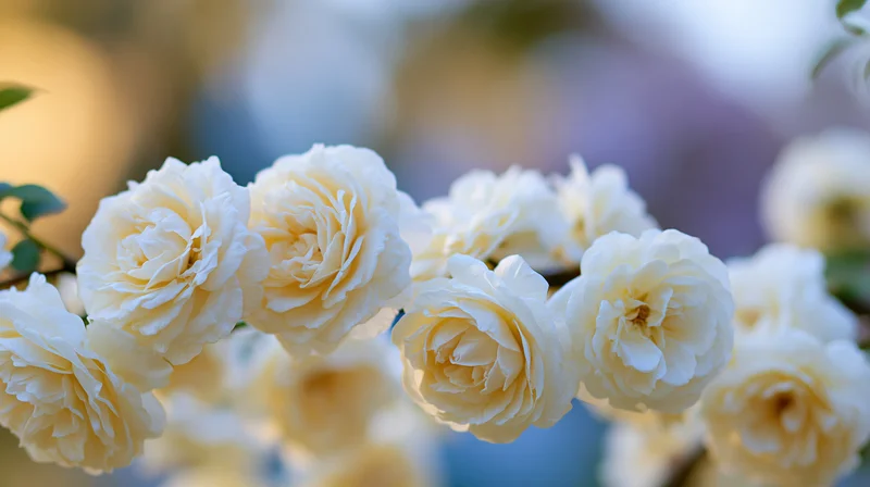 Cluster of pale cream-white roses in soft focus with blurred garden background