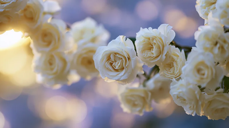 Cluster of pale cream-white roses arranged loosely across the frame with soft bokeh background
