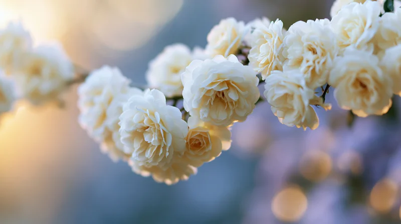 Cluster of pale cream-white roses blooming on a branch in soft sunlight with blurred background