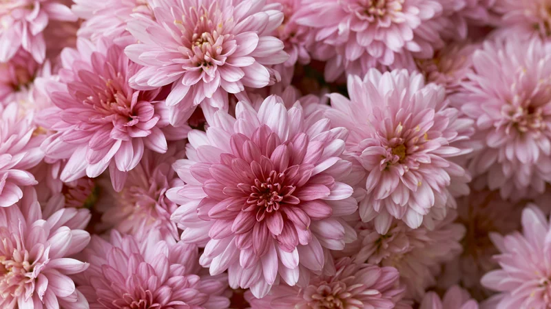 Cluster of pink chrysanthemum blooms filling the frame