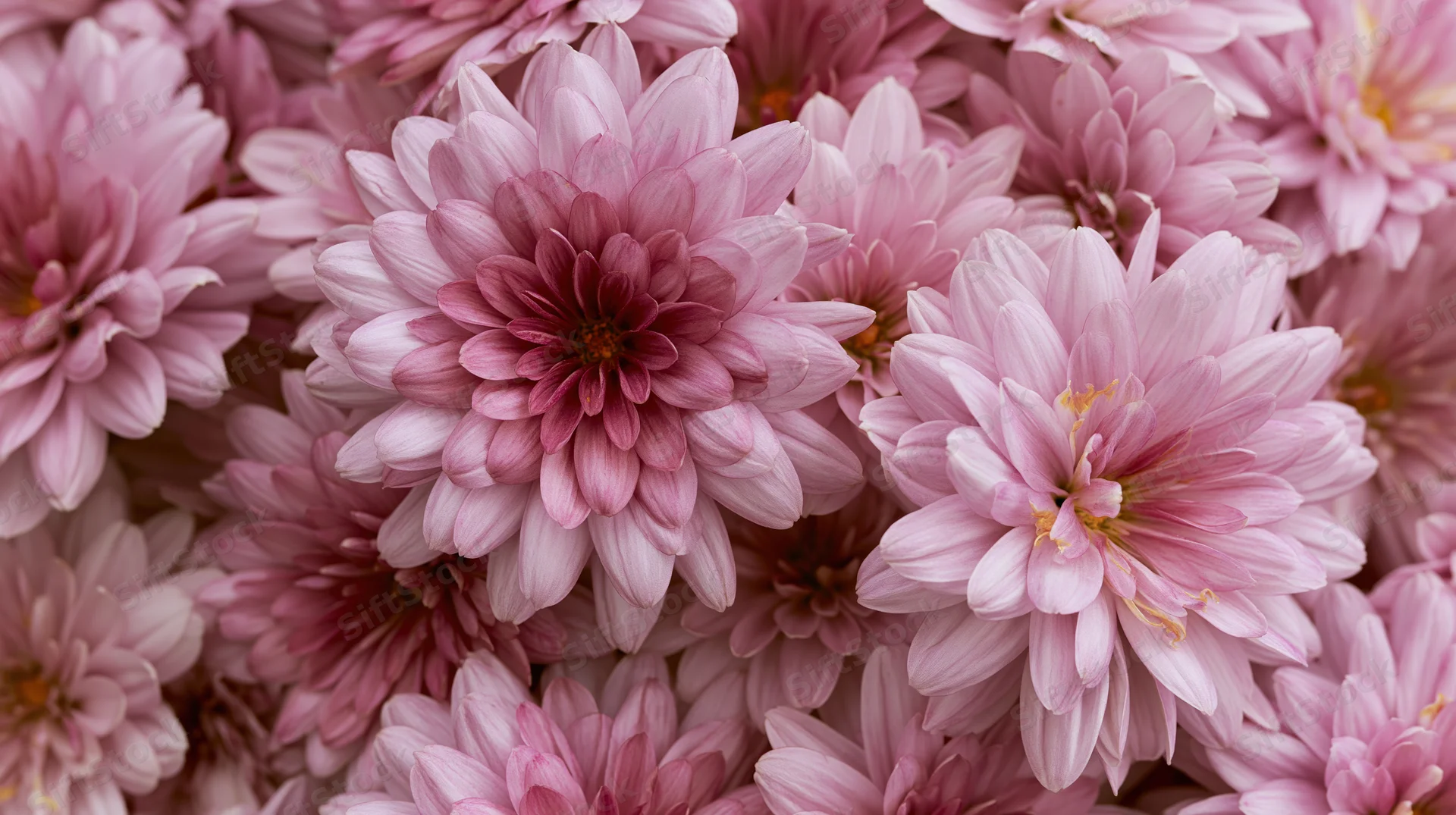 Closeup of pink chrysanthemum blooms filling the frame