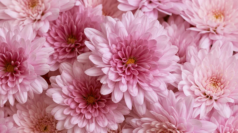 Cluster of pink chrysanthemum blooms filling the frame
