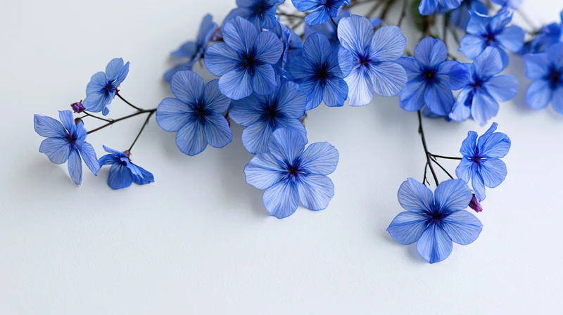 Cluster of blue wildflowers with delicate petals arranged on white surface
