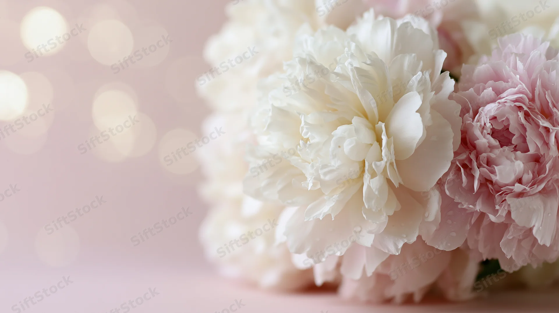 Cluster of white and blush pink peony blooms arranged on a soft pink surface with bokeh lights in the background