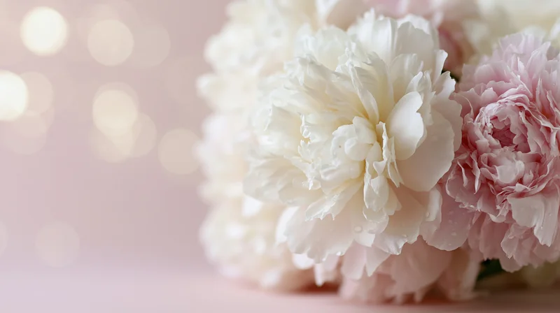 Cluster of white and blush pink peony blooms arranged on a soft pink surface with bokeh lights in the background
