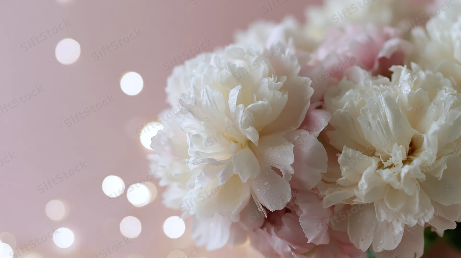 Cluster of white and pink peony blooms with soft bokeh lights in the background