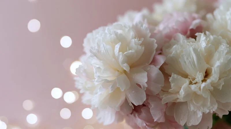 Cluster of white and pink peony blooms with soft bokeh lights in the background