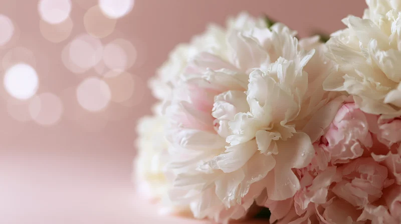 Cluster of white and blush pink peony blooms arranged in soft focus with bokeh background