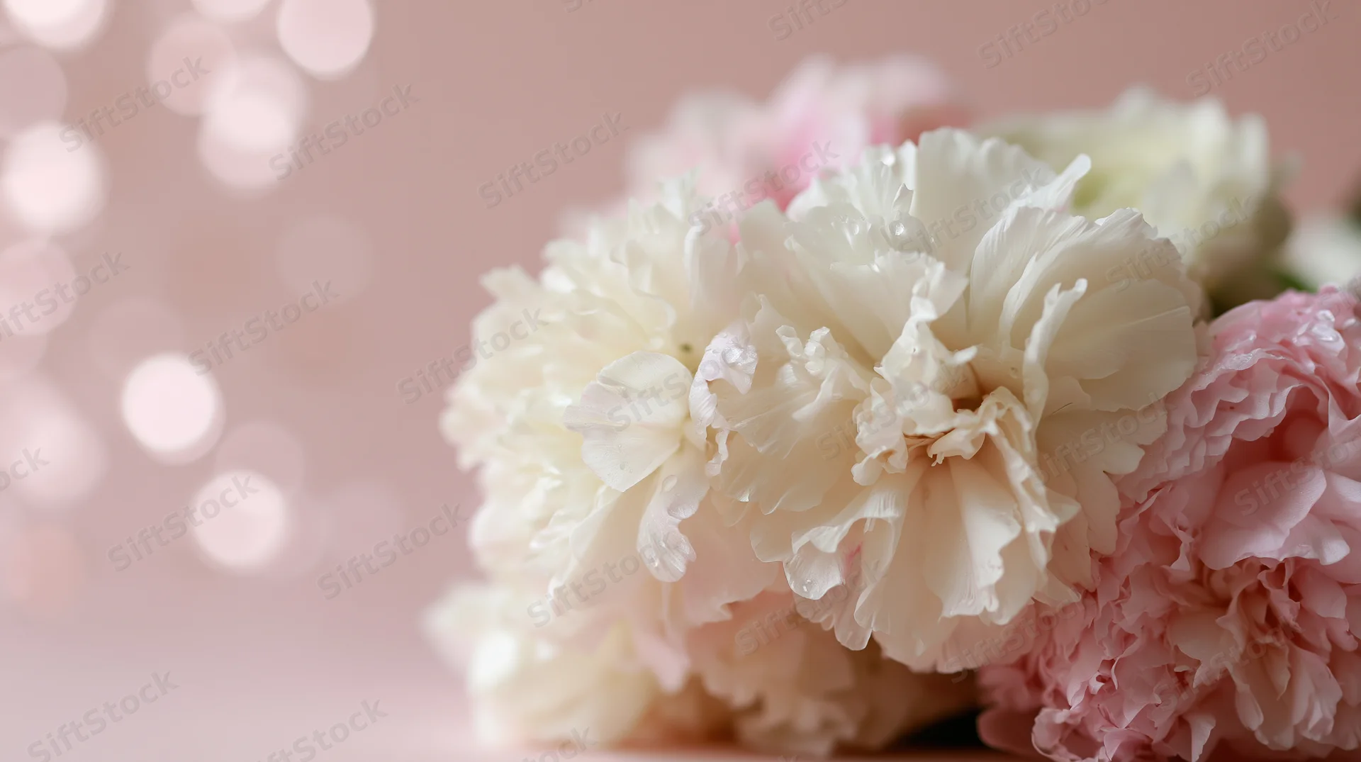Cluster of white and pink peony blooms arranged on a soft pink surface with bokeh background
