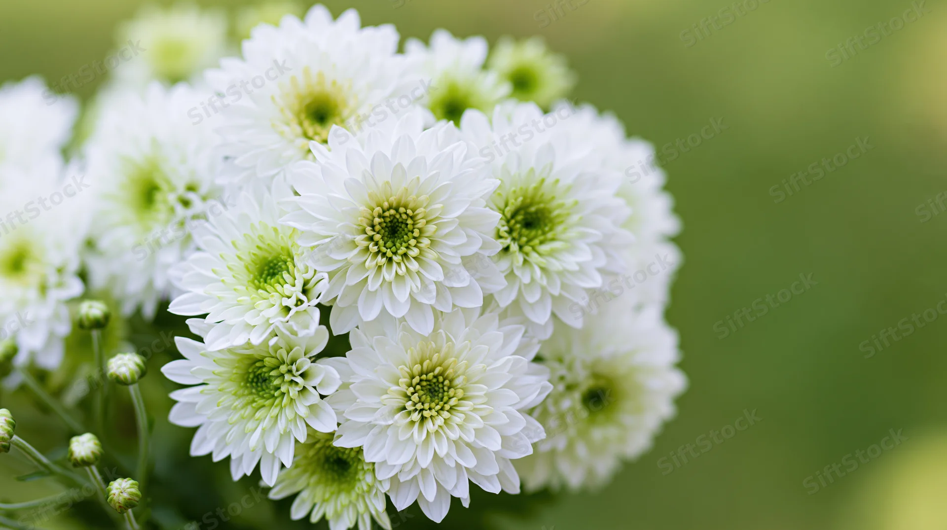 Cluster of white chrysanthemums with lime-green centers in a garden setting