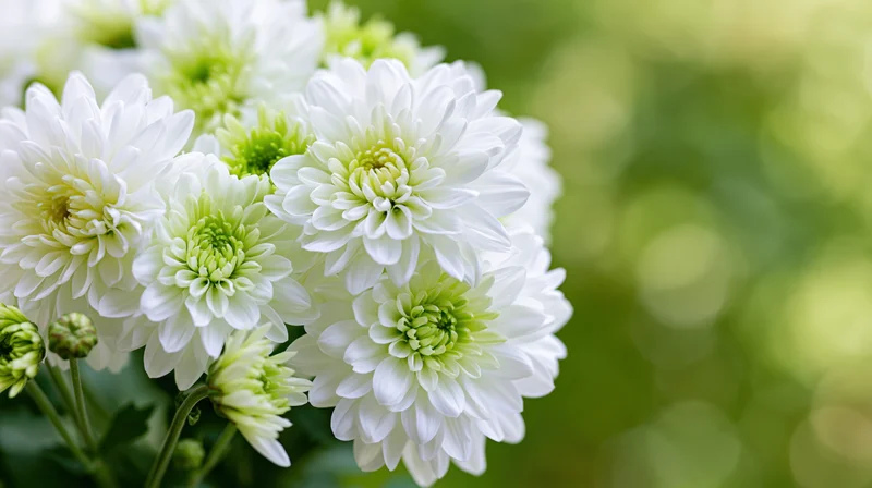 Cluster of white chrysanthemums with lime-green centers in a garden setting