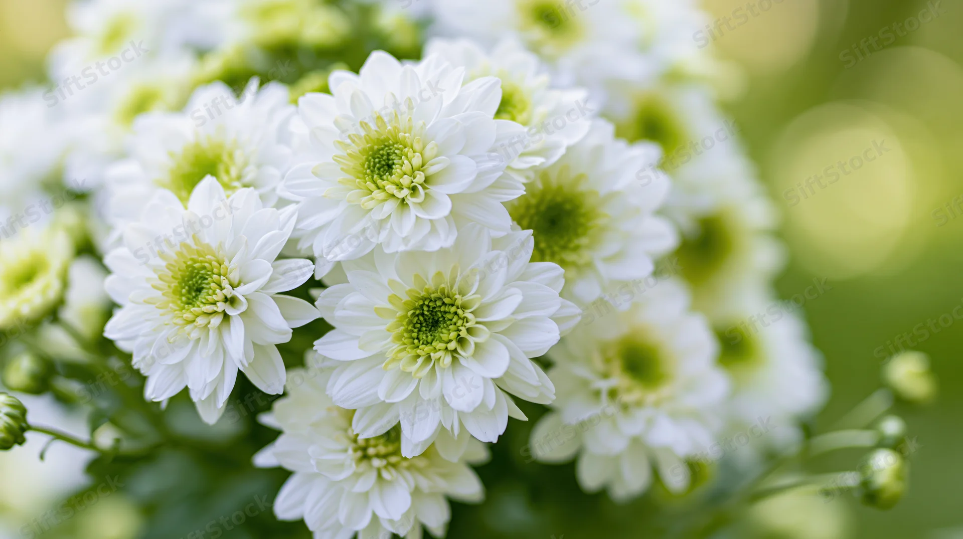 Cluster of white chrysanthemums with lime-green centers in soft focus garden setting