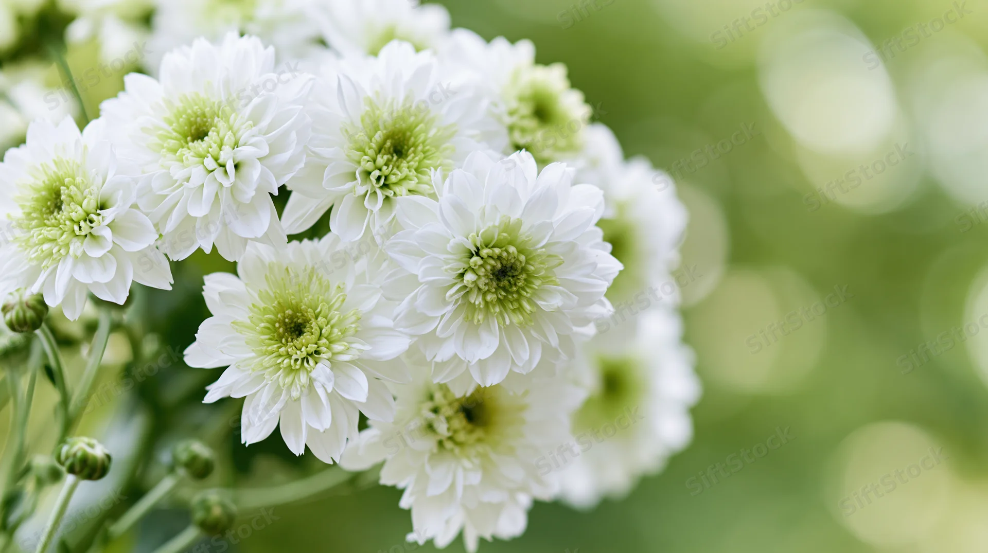 Cluster of white chrysanthemums with lime-green centers in soft focus against a green blurred background