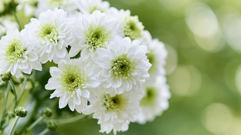 Cluster of white chrysanthemums with lime-green centers in soft focus against a green blurred background