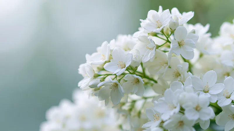 Cluster of white blossoms on green stems in soft natural light with blurred background and copyspace on left