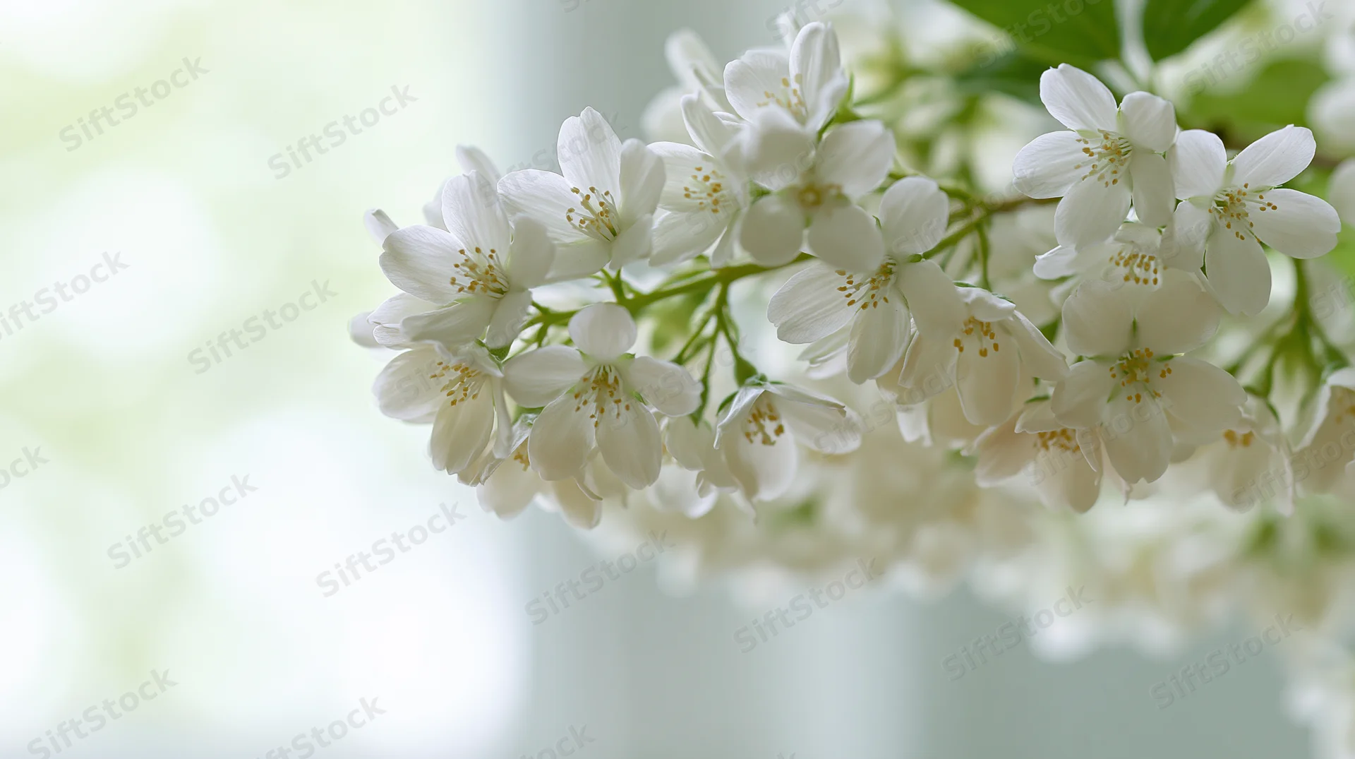 Cluster of white mock orange blossoms on a branch with green leaves in soft natural light