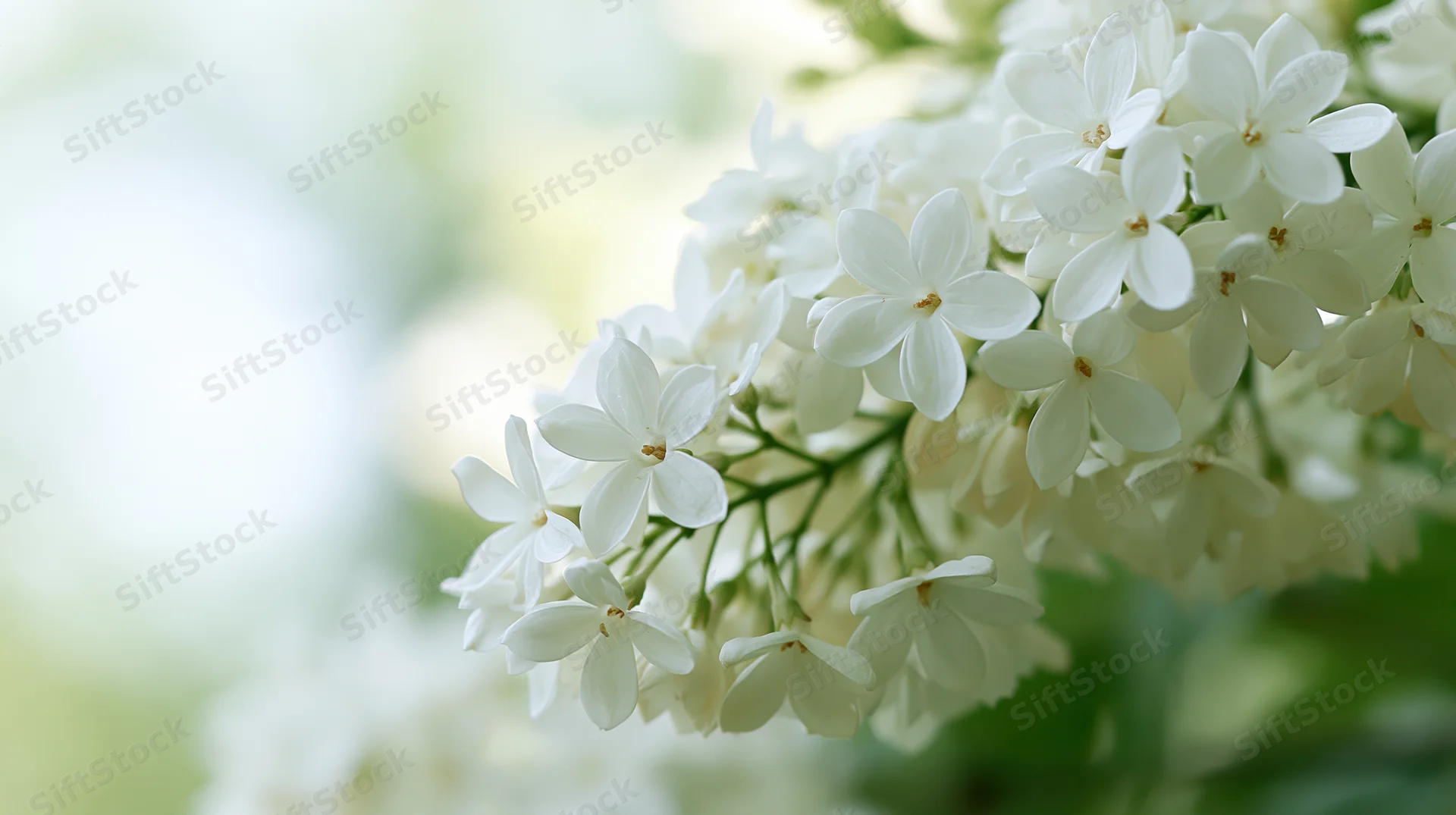 Cluster of white lilac blossoms in soft focus against a blurred green background