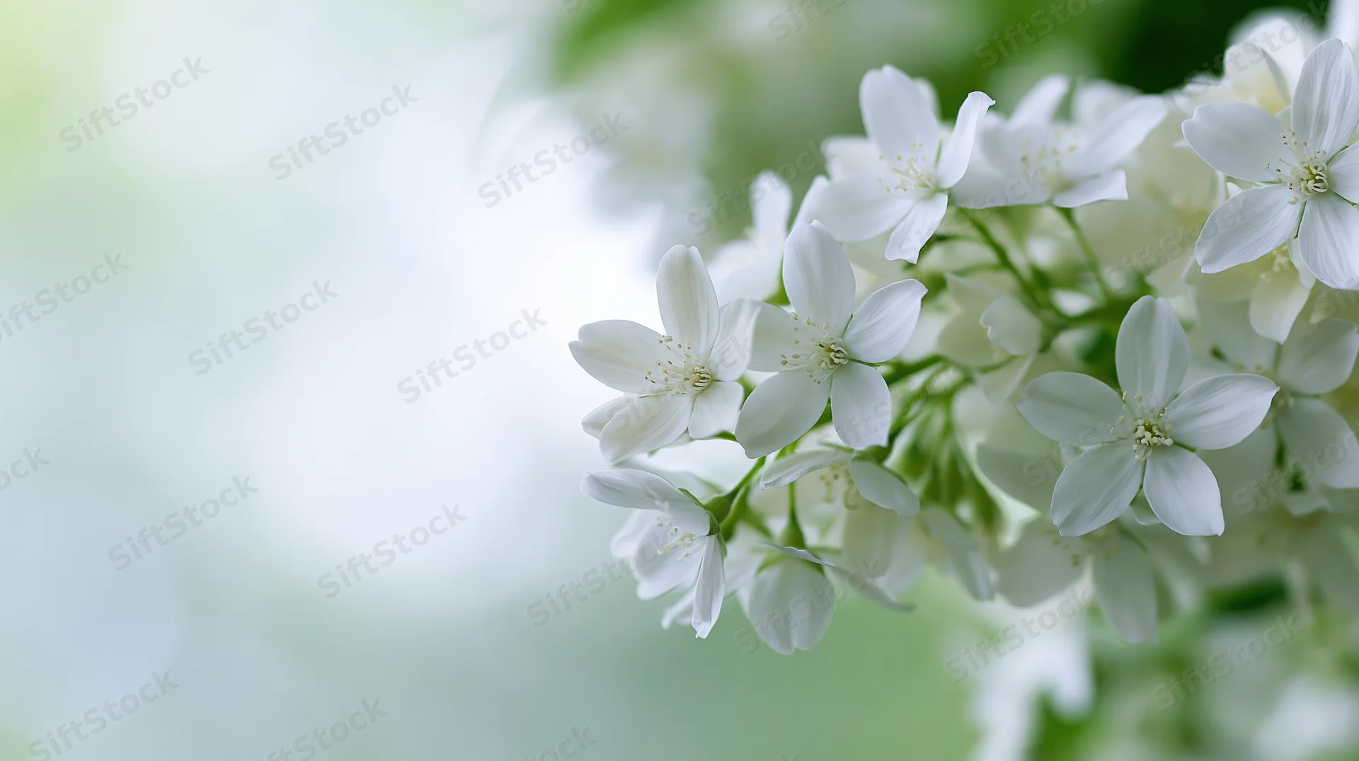 Cluster of white blossoms in soft focus against a blurred green background