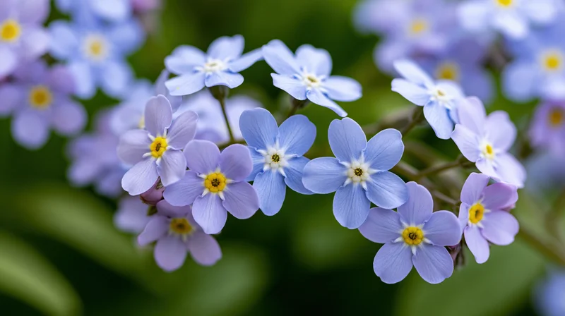 Clusters of forget-me-not flowers in full bloom with blue and purple petals and yellow centers against green foliage