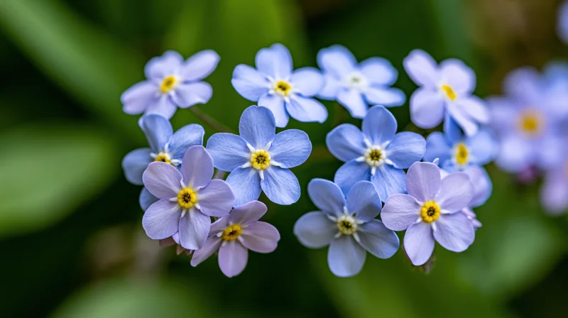 Clusters of blue forget-me-not flowers in full bloom with yellow centers against green foliage
