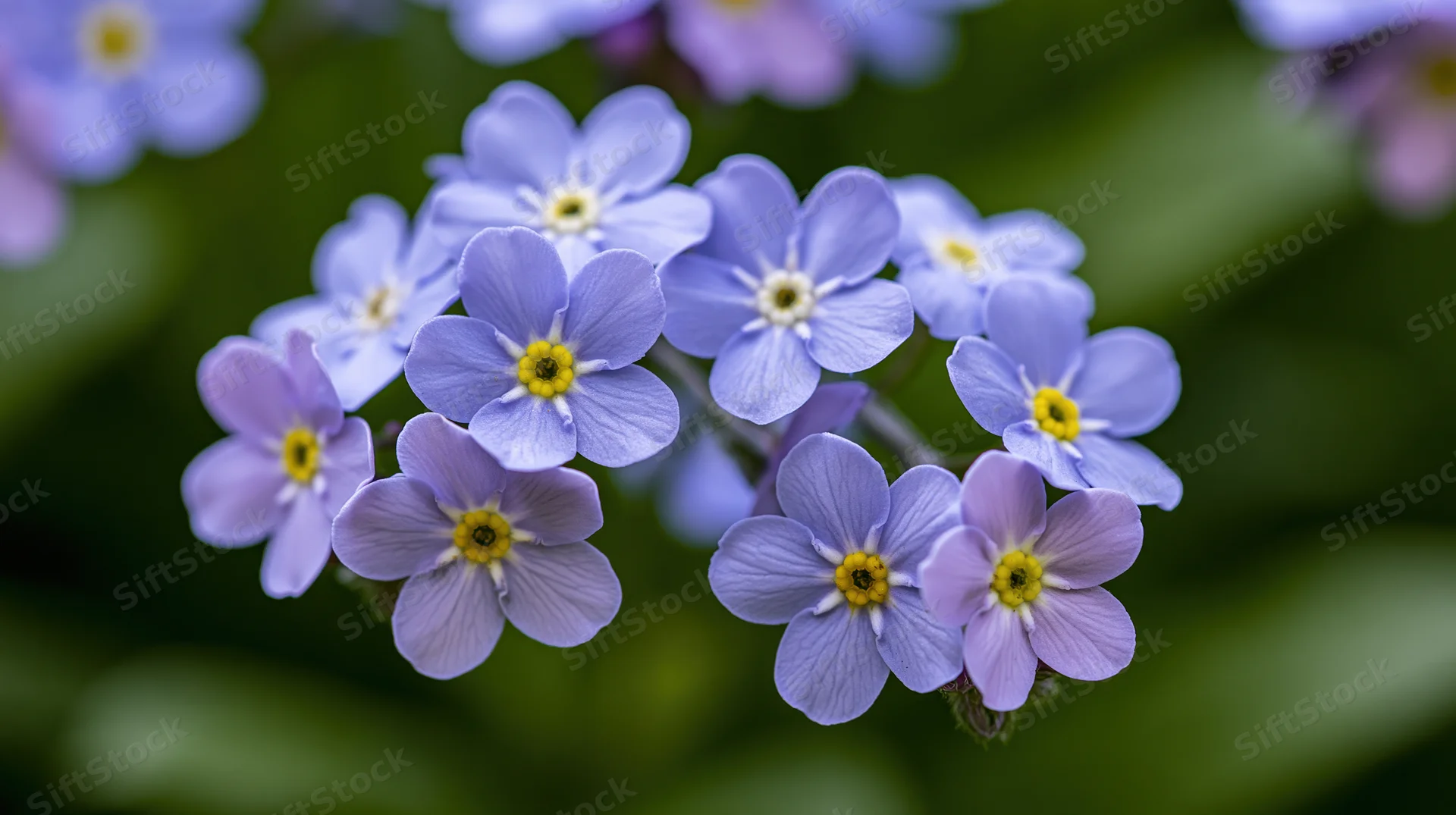 Clusters of purple forget-me-not flowers in full bloom with yellow centers against a soft green background