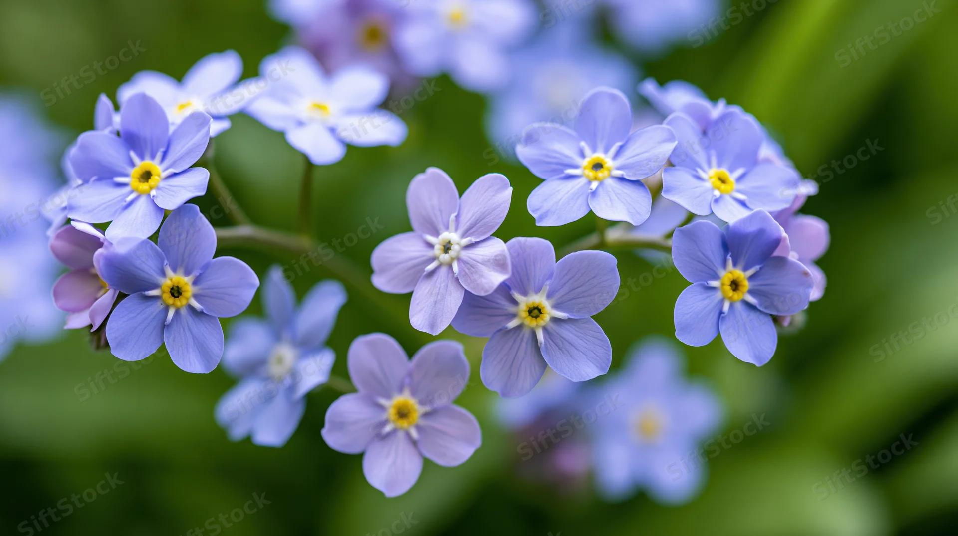Clusters of forget-me-not flowers in full bloom with blue petals and yellow centers against a soft green background