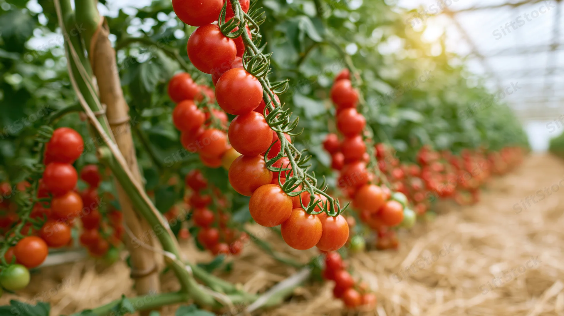 Ripe cherry tomatoes hanging on vines in a greenhouse garden