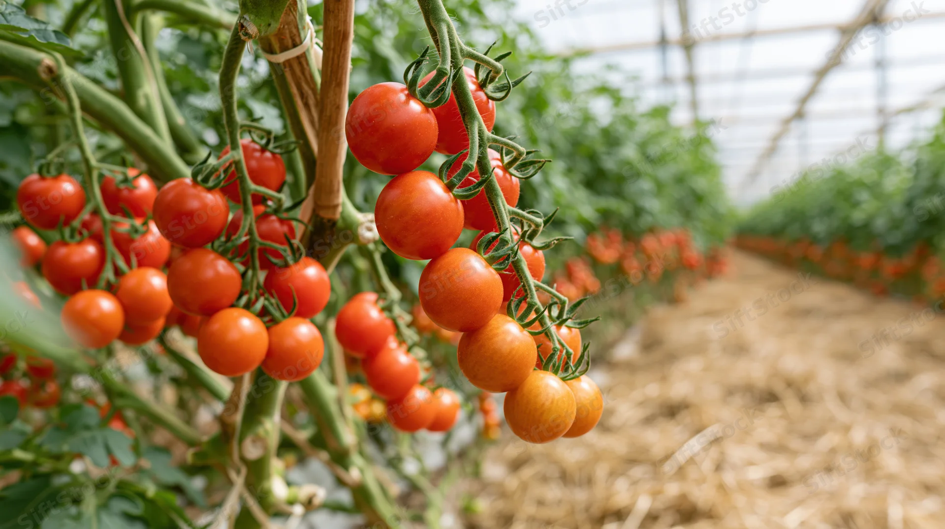 Clusters of ripe cherry tomatoes hanging on vines inside a greenhouse with straw mulch on the ground