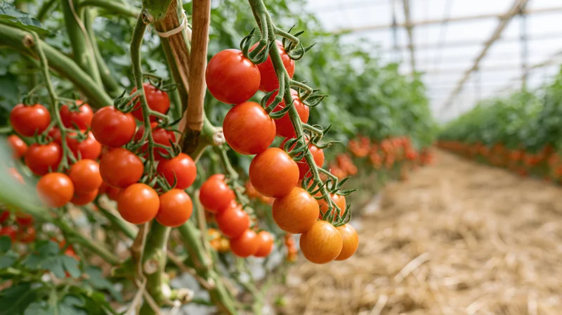 Clusters of ripe cherry tomatoes hanging on vines inside a greenhouse with straw mulch on the ground