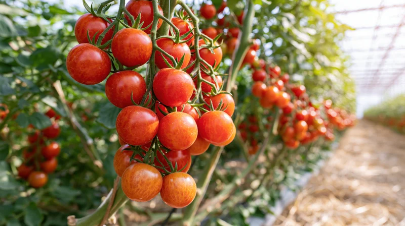 Ripe cherry tomatoes clustered on vines inside a greenhouse