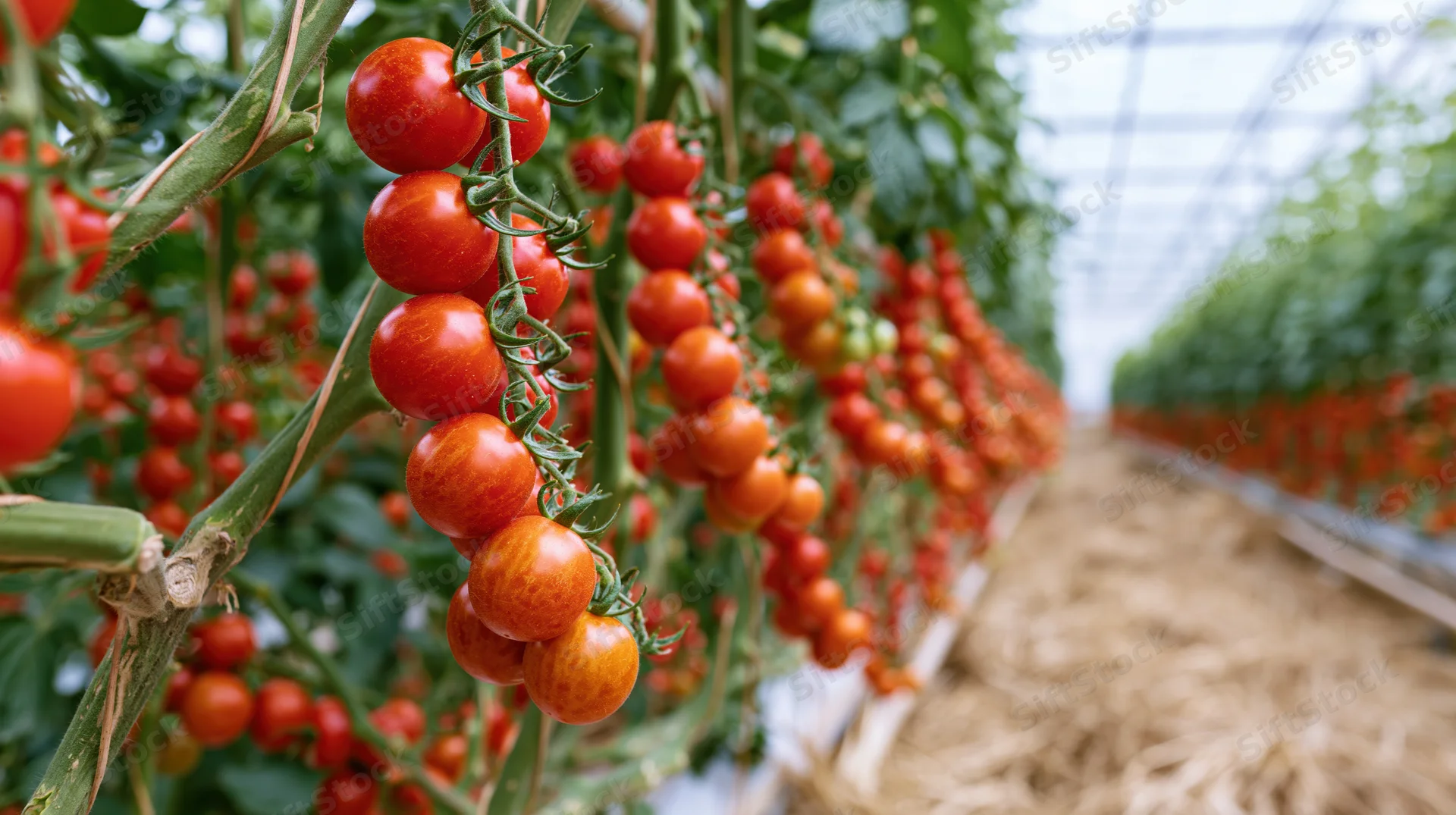 Ripe cherry tomatoes hanging on vines in a greenhouse row