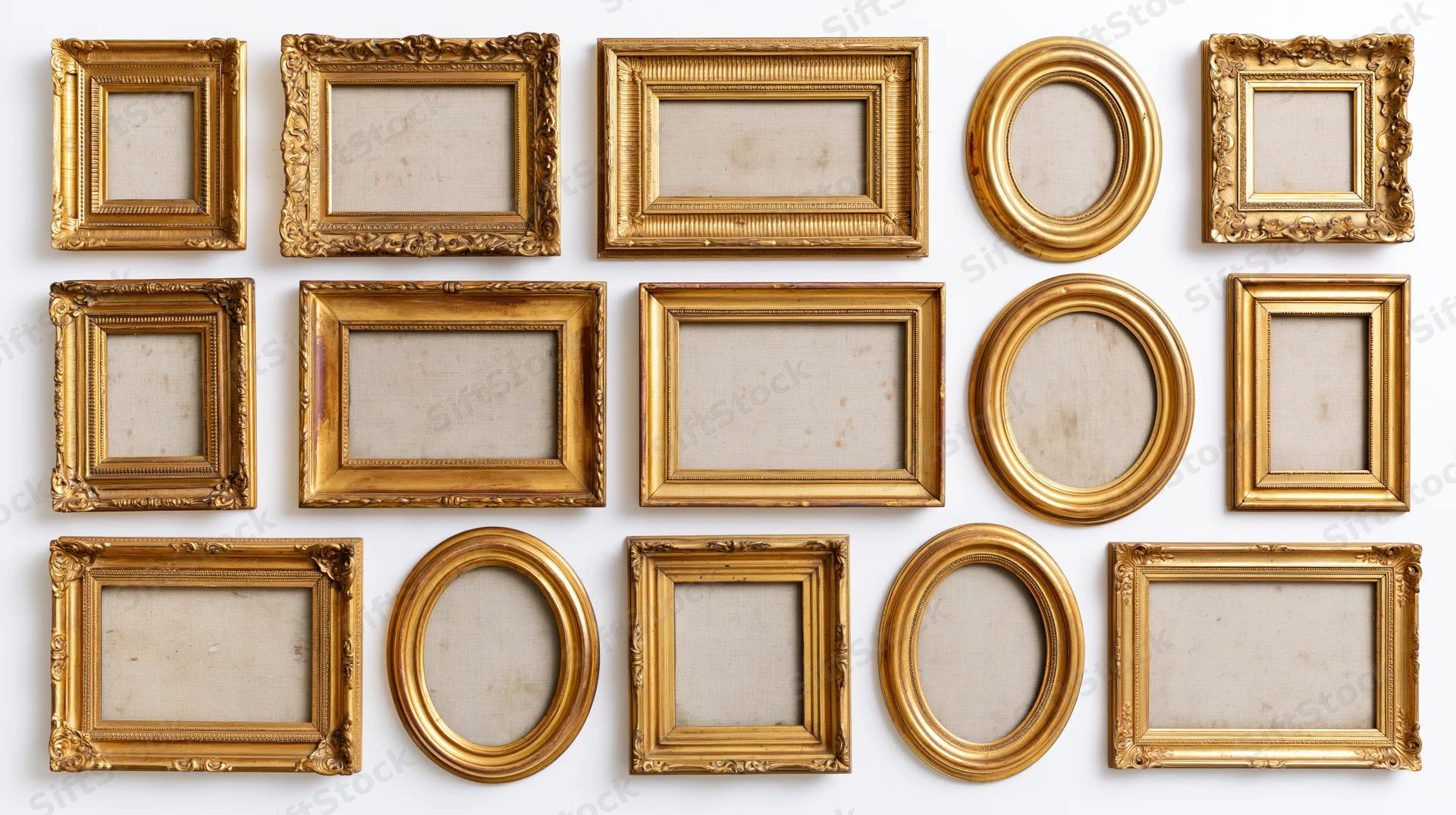 Collection of antique gold picture frames arranged in a grid on white background