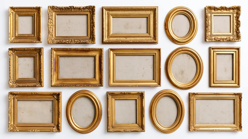 Collection of antique gold picture frames arranged in a grid on white background