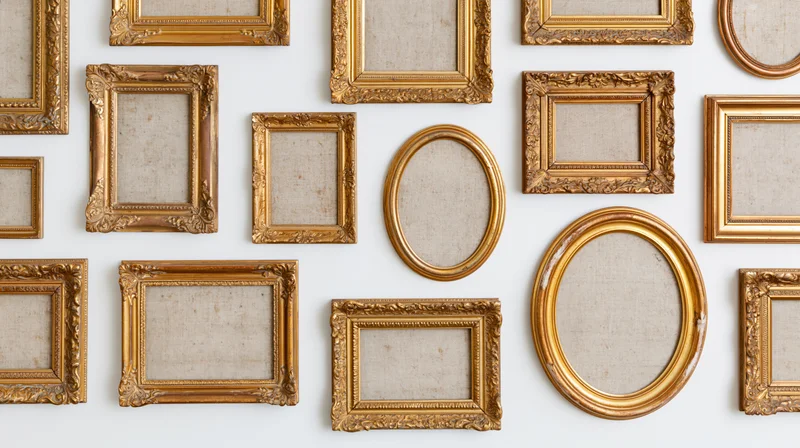Antique gold picture frames arranged in a grid on a white wall
