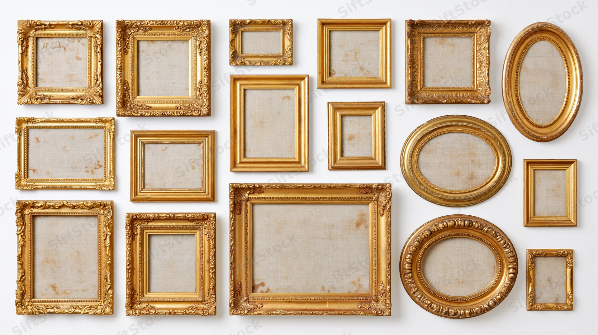 Collection of antique gold picture frames arranged in grid on white wall
