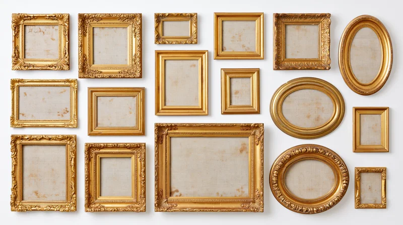 Collection of antique gold picture frames arranged in grid on white wall