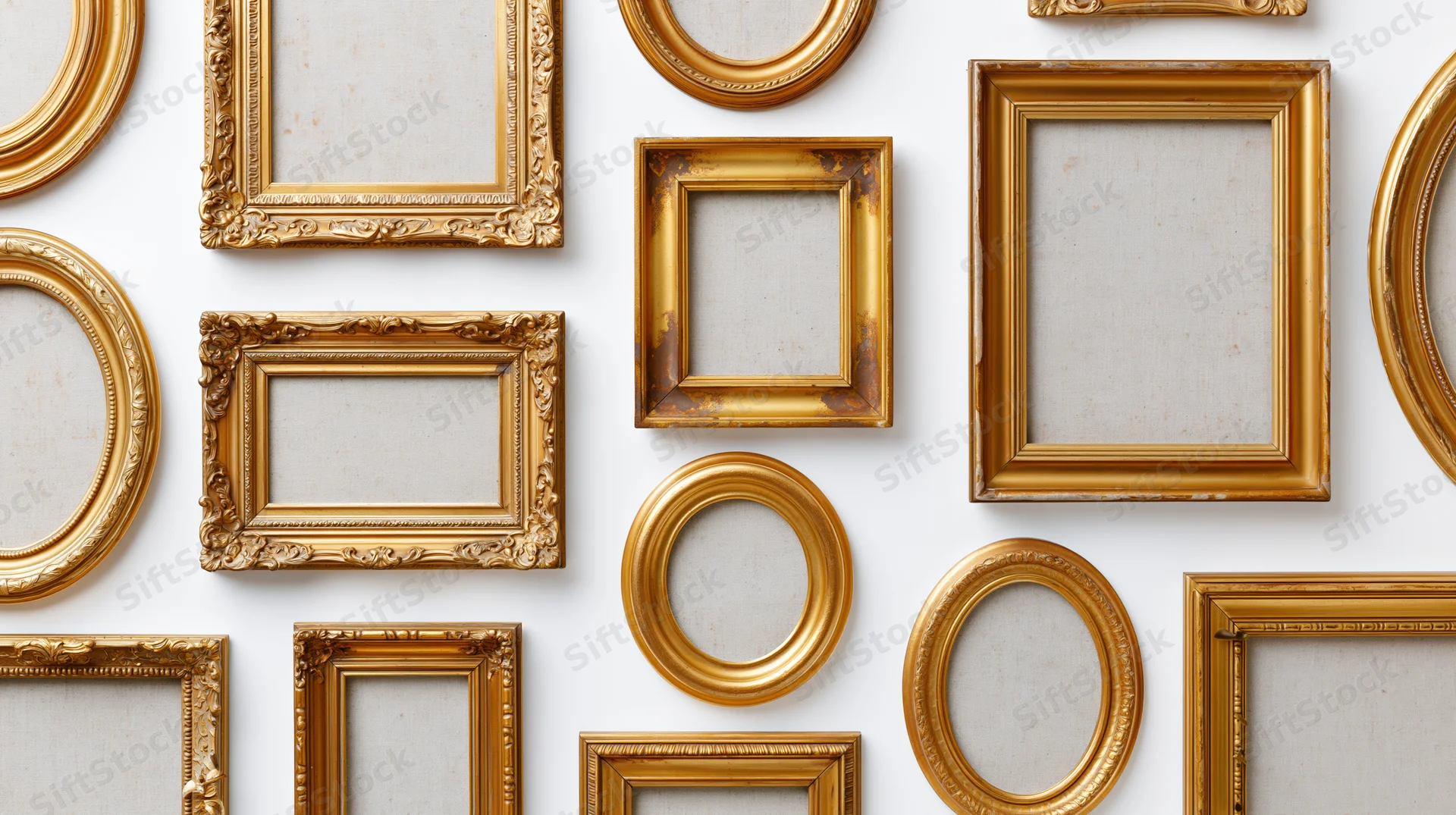 Antique gold picture frames arranged in a grid on a white wall