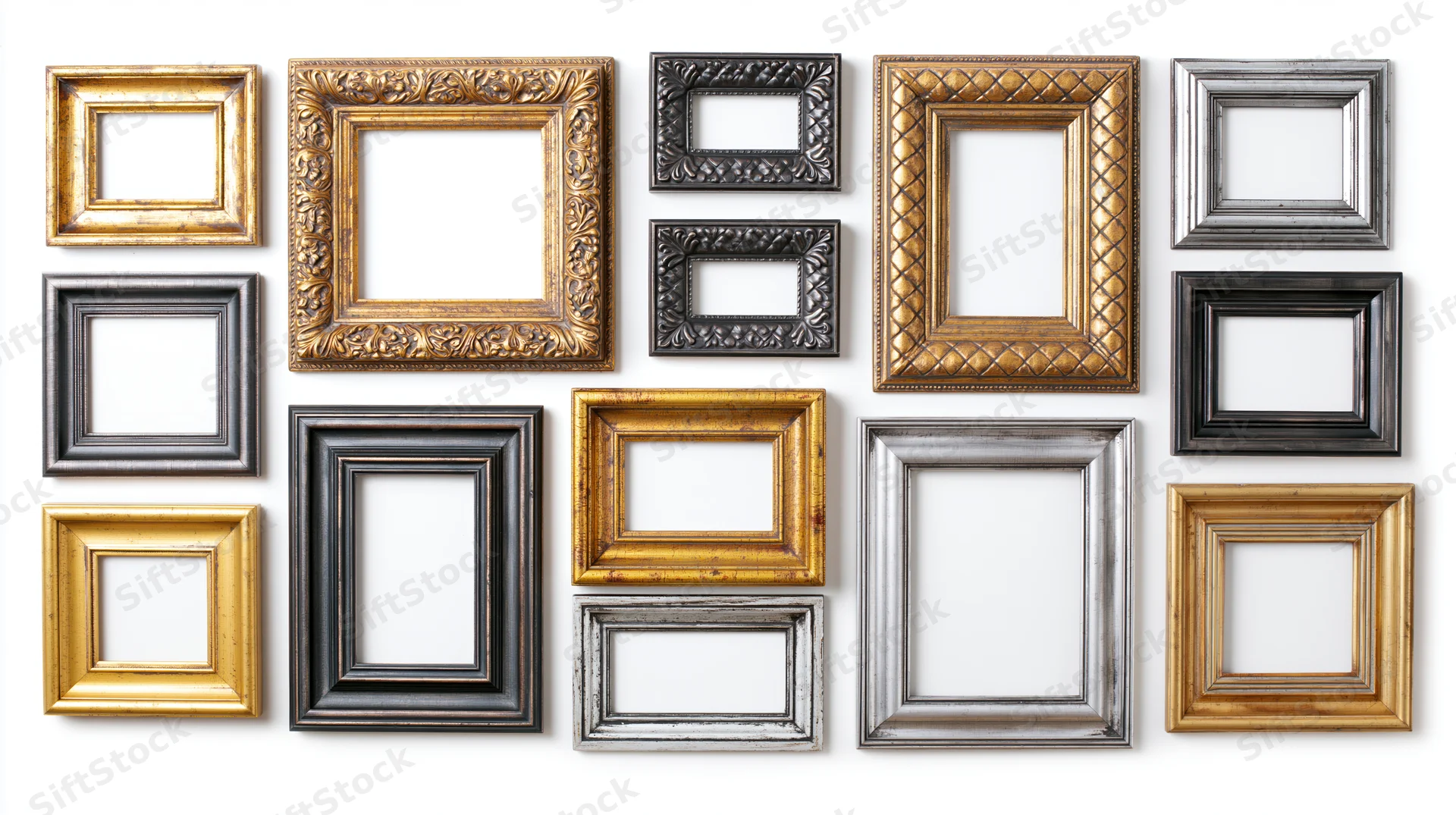 Eighteen ornate picture frames arranged in a grid on white background