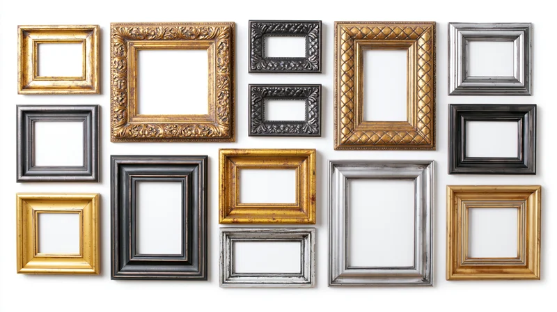 Eighteen ornate picture frames arranged in a grid on white background