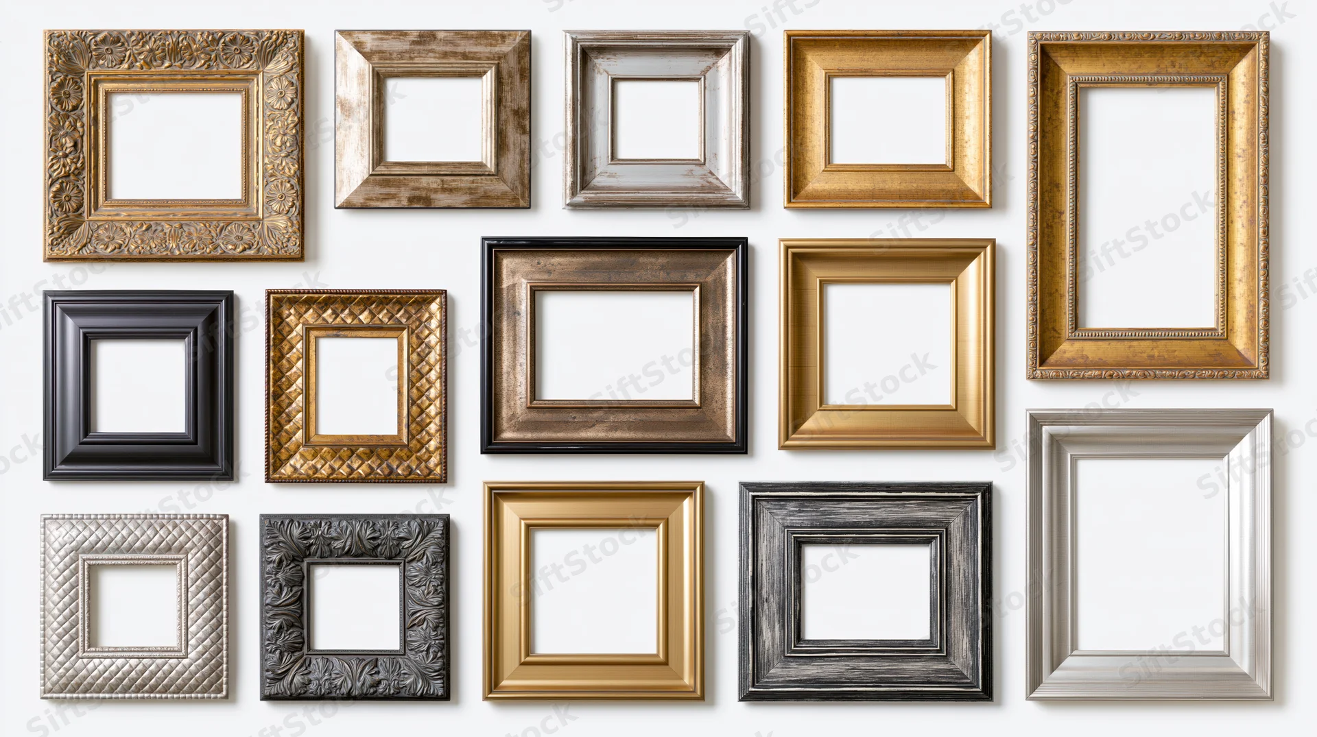 Eighteen ornate picture frames arranged in a grid on a white background